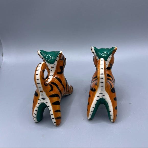 Vintage Stitched Green & Brown Tiger Striped Cats Salt & Pepper Shaker Set Japan - Picture 5 of 7